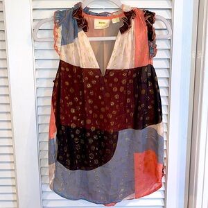 Anthropologie Maeve Fantasia Ruffle V-Neck Gold Polkadot Sleeveless Blouse Sz 0